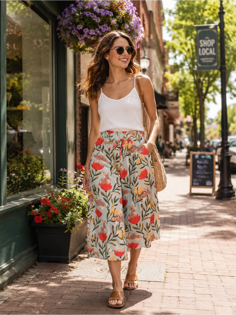 Princess Highway Linen Crop Pants Size 8 Floral Print Wide Leg Elastic Pockets